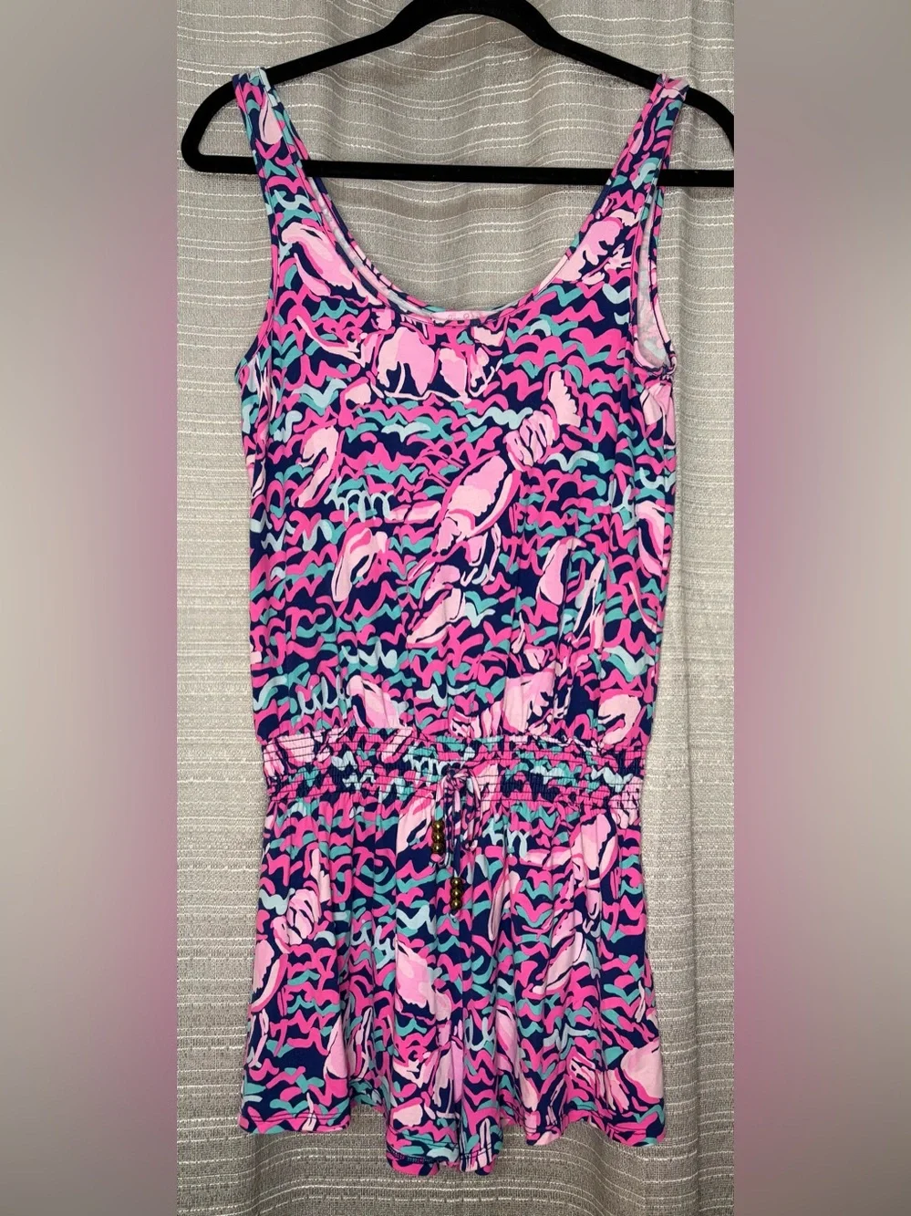 Lilly Pulitzer XS Pink Navy Lobster Print Sleeveless Romper Drawstring Waist
